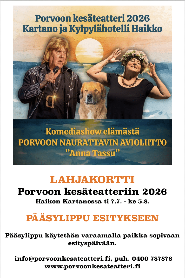 Lahjakortti Porvoon Kesäteatteri 2026, Porvoon Naurattavin Avioliitto, "Anna Tassu" 7.7. - 5.8.2026