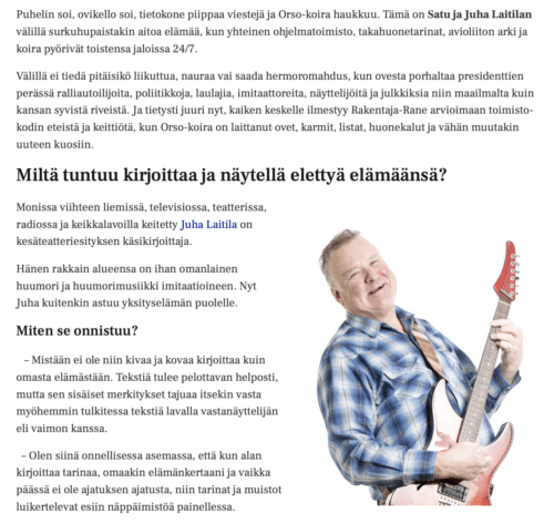 Porvoon Kesäteatterikomediassa Juha Laitila paljastaa omaa aioliittoa ja viihdemaailmaa, SuurTampere-lehti 18.6.2026