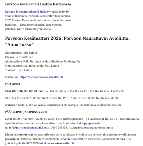 Porvoon Kesäteatterikomediassa Juha Laitila paljastaa omaa aioliittoa ja viihdemaailmaa, SuurTampere-lehti 18.6.2026